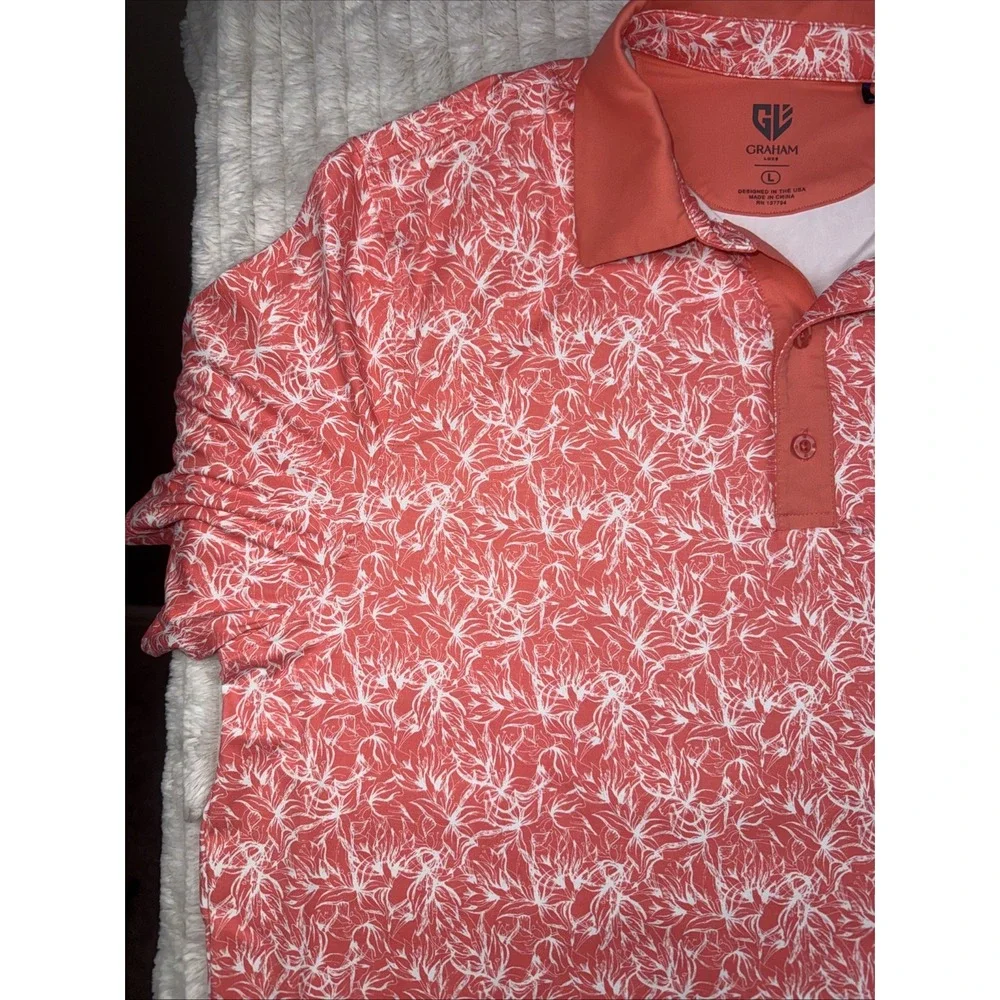 Graham Luxe Polo L Golf Shirts‎ Mens 2 Pack Bundle Set Coral Floral Blue Circles